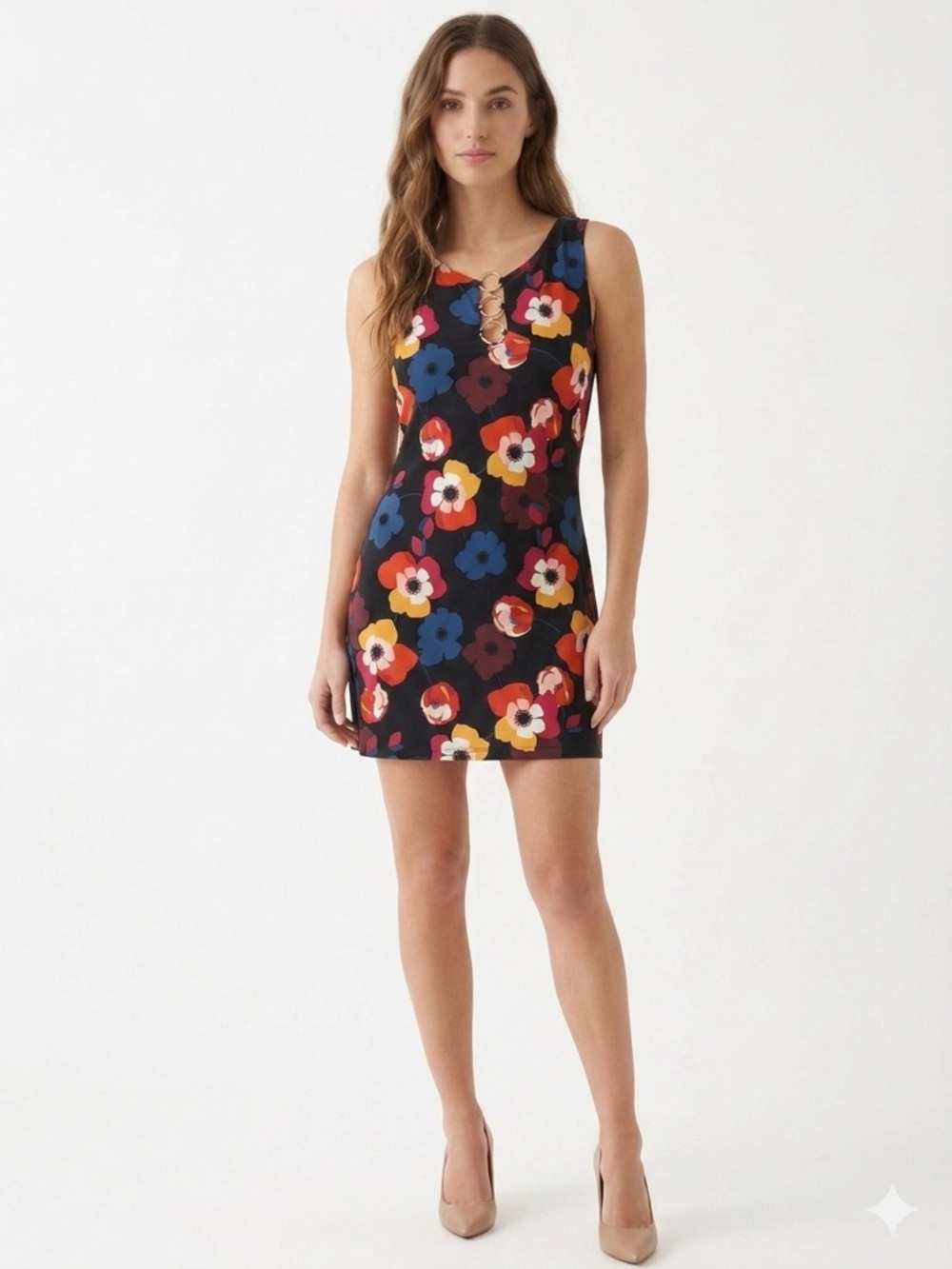 MSK Black Floral Dress with Gold Ring Detail